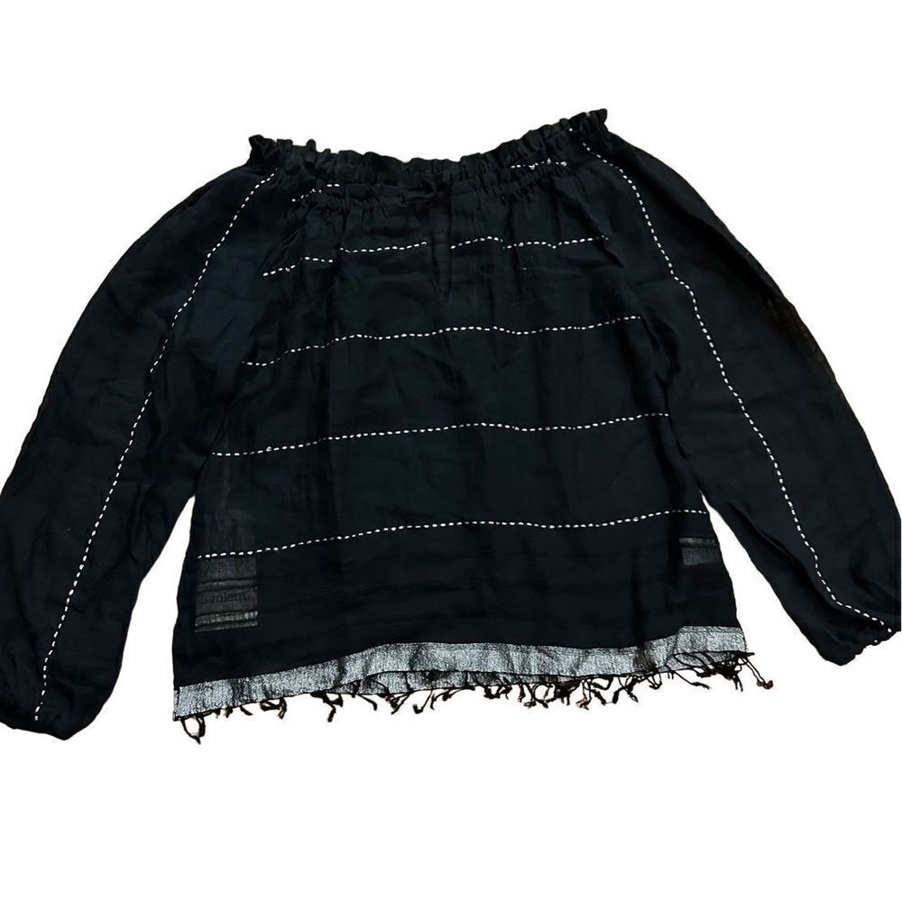 Lemlem Tikuri Blouse Cotton Gauze Fringed Hem Black, White, Silver Size S - NWT